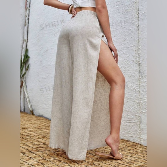SHEIN: Wide Leg, Side Slit Linen Pants, Size M - Picture 2 of 6
